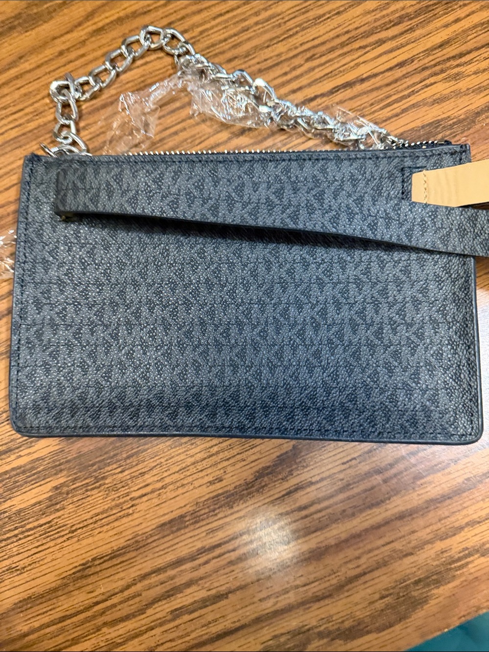 Michael Kors Black Logo Wristlet with Silver Chain